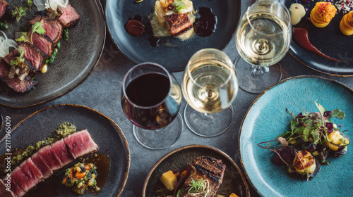 Elegant Fine Dining Spread with Gourmet Dishes and Wine
