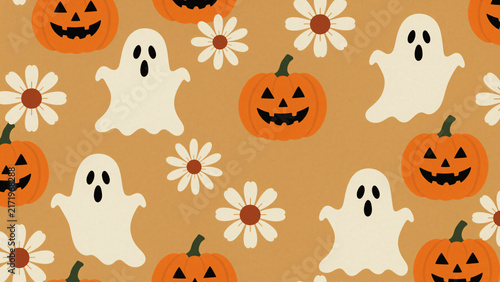 Retro 70s Groovy Halloween Pumpkin and Ghost Pattern
