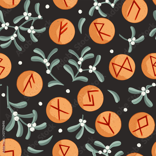 Bild auf Leinwand Mistletoe branches and Elder Futhark Viking Rune Cookies Seamless Pattern