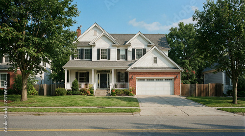 Suburban residence featuring white siding, black shutters, a welcoming front porch, and an attached two-car garage lined by maple trees
