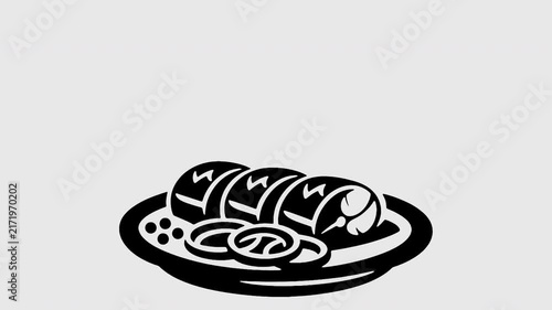 Sliced herring with onions on a plate animation