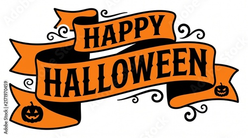 Happy halloween greeting banner with orange ribbon and black spooky pumpkin icons isolated on white background