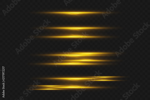 Gold horizontal glowing light streaks on transparent background design