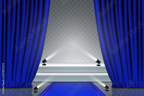 Blue theatrical curtains opening onto illuminated stage with spotlight
