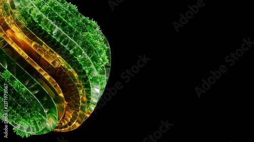 Real time analytics concept featuring a glass algae swirl floating in a pure black void