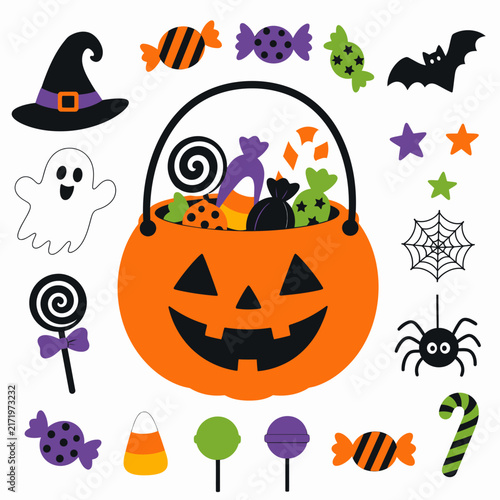 A collection of colorful Halloween icons features a jack-o-lantern bucket filled with.