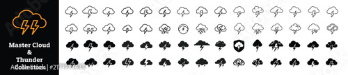 Thunder Cloud Icon Set, Lightning Bolt Weather Icons, Storm Cloud Line, and Solid Vector Collection