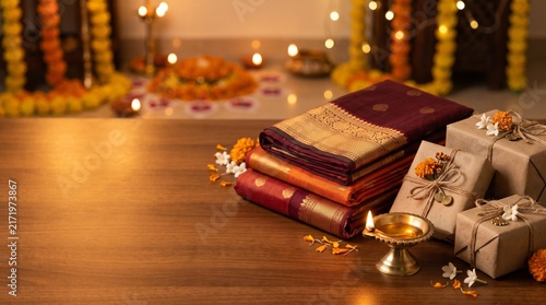 Elegant Traditional Silk Sarees With Festive Gift Boxes And Glowing Diya Lamp For Diwali Celebration On A Wooden Table Background
