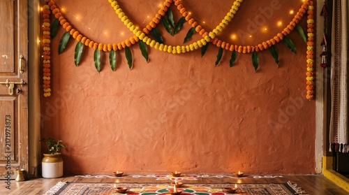 Traditional Indian Home Decor Setup with Marigold Garlands and Illuminated Clay Diyas for Diwali Festival Celebration Background