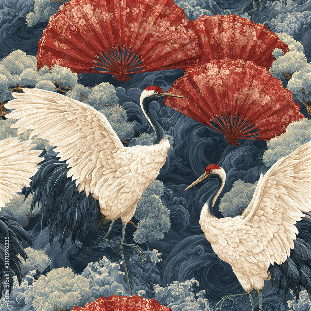 Naklejka premium Luxury oriental seamless pattern with red crowned crane birds, floral fans, and swirling blue background creating elegant