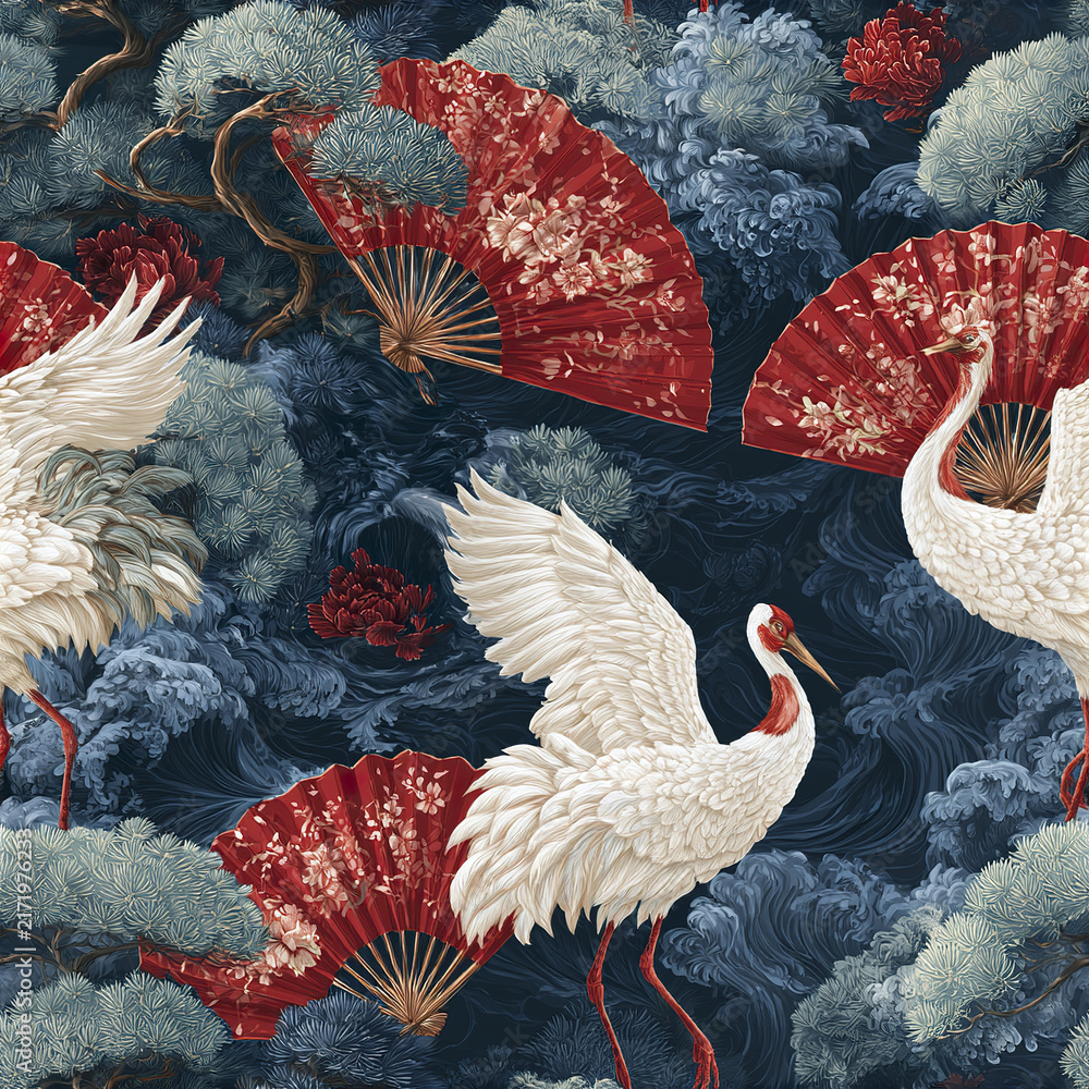 Naklejka premium Luxury oriental seamless pattern with white cranes and red floral fans creating elegant nature design