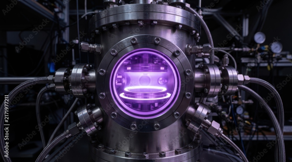 Fototapeta premium Plasma etching chamber with violet glow, metal rings, glass porthole, and vacuum tubing in a semiconductor cleanroom