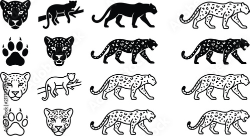 Canvas Print Set of minimalist leopard icons, panther silhouettes and wild cat paw print vector graphics