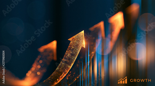 Glowing golden financial arrows ascend on a digital graph in a dark room. This image illustrates positive economic trends and corporate business growth.