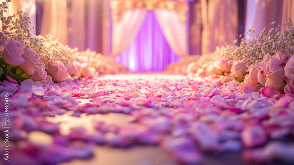 Naklejka premium Elegant Wedding Aisle Decorated with Rose Petals and Flowers