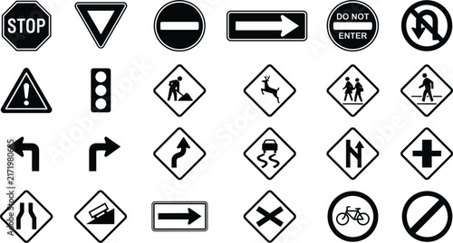 PrintBlack and White Traffic Road Sign Icon Set with Construction Warning Navigation and Regulatory Symbols for Driving Maps Apps and Safety Graphics