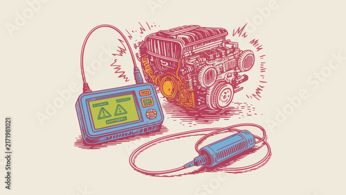 Retro car engine diagnostic vector illustration, vintage automotive scanner tool, mechanical repair concept art