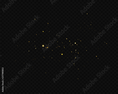 Abstract background of glowing gold particles. Scattered yellow glitter dust on a transparent dark checkerboard. Magical stardust overlay effect for graphic design