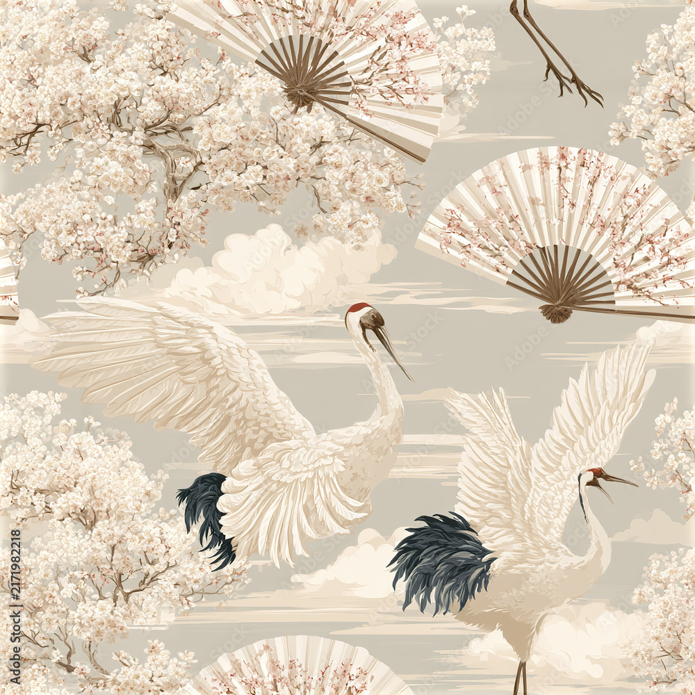 Naklejka premium Pastel Asian seamless pattern with graceful crane silhouettes, cherry blossom branches, and traditional folding fans creating
