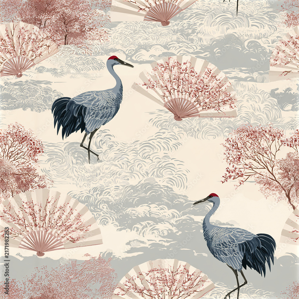 Fototapeta premium Pastel Asian seamless pattern with graceful crane silhouettes and cherry blossom fans creating serene and elegant design