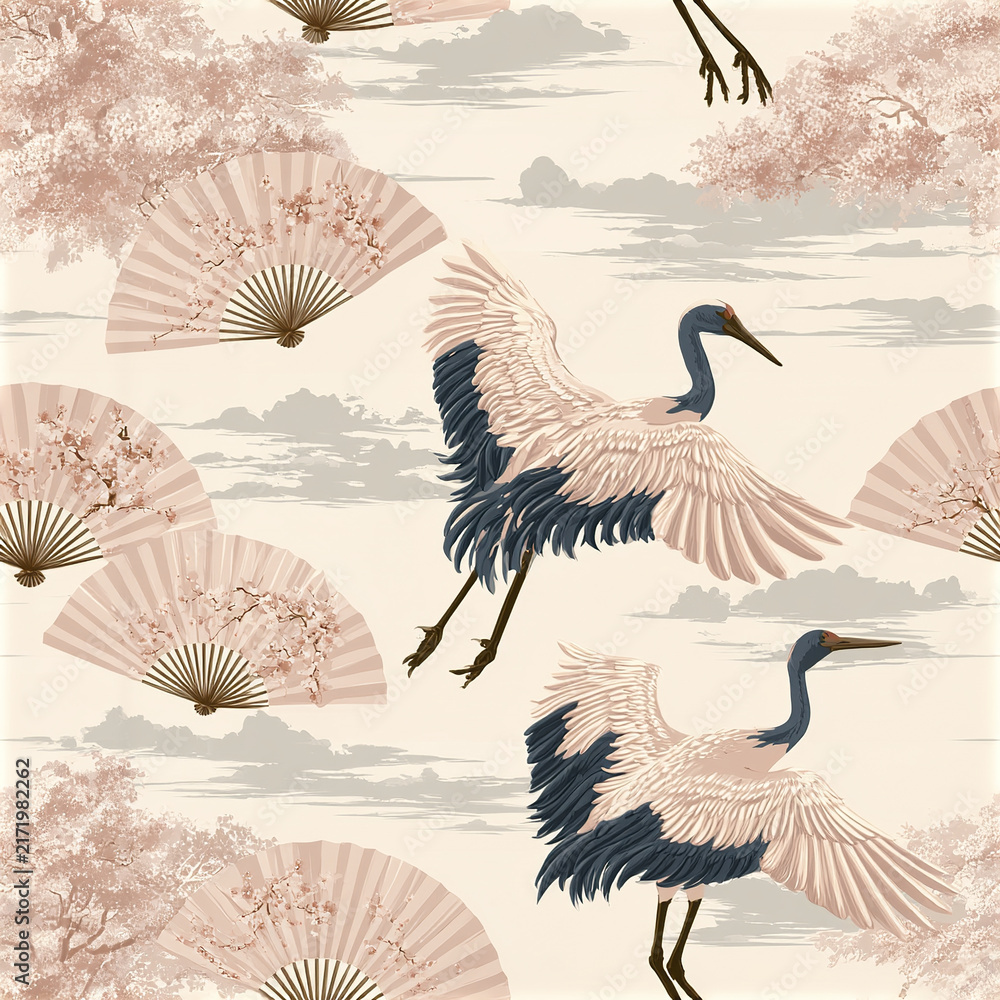 Naklejka premium Pastel crane pattern with elegant flying birds and cherry blossom fans creating serene and graceful Asian style design
