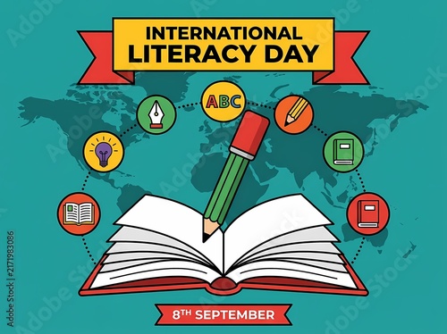 International Literacy Day Graphic Featuring Open Book Pencil and Global Icons
