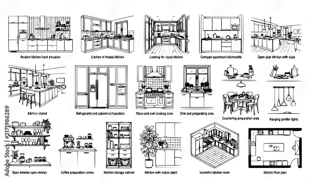 Fototapeta premium Kitchen Interior and Furniture Black Outline Sketch Vector Illustration Collection