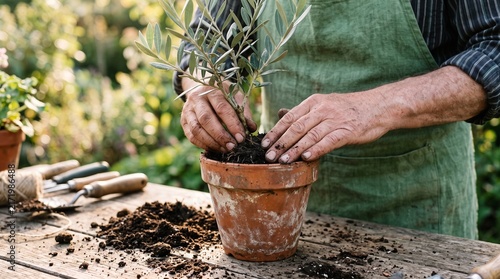 Gardener Planting Olive Sapling: A pair of weathered hands gently plants a young olive sapling into a terracotta pot, surrounded by gardening tools and rich soil.