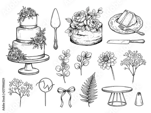Hand drawn black ink sketch of wedding cake with floral decoration and serving utensil on white background