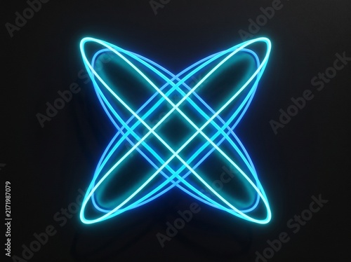 Two Intersecting Blue Neon Curves Forming a Luminous Geometric Wave on Black Background
