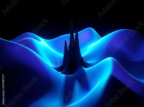 Sculptural Blue Neon Light Wave with Dark Vertical Shadow Silhouette