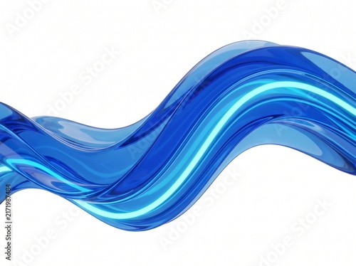 3D Curved Blue Neon Wave Sculpture Isolated on Pure White Background