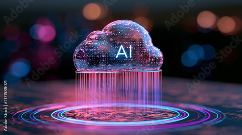 A glowing digital cloud icon with AI text transmits data onto a circuit board. This graphic represents cloud computing and artificial intelligence technology concepts.
