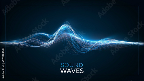 Glowing abstract sound waves flowing against a dark background. Audio technology concept for music production banners.