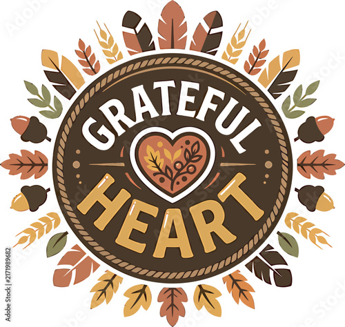Bild auf Leinwand Grateful heart typography emblem surrounded by colorful autumn leaves and acorns