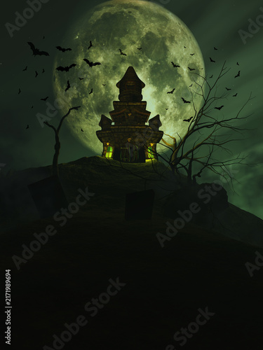 spooky halloween night. halloween castle with bats sky on moon background. Haunted Halloween House in Dark Forest Under Full Moon Night Sky with Flying Bats, Spooky Castle Silhouette and Scary Autumn.