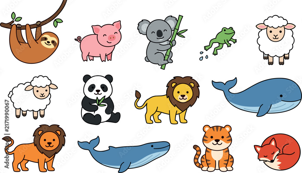 Naklejka premium Cute Cartoon Animal Clipart Set with Sloth Panda Koala Whale Lion and Tiger Vectors for Children Books Nursery Decor and Greeting Card Designs