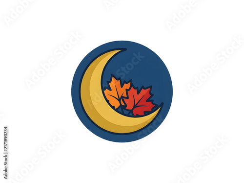 Gold crescent moon with leaves vector, autumn night icon illustration