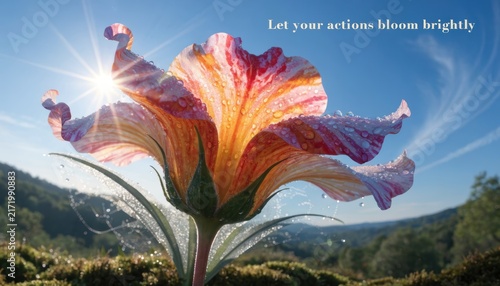 Vibrant blooming flower opening to sunlight with inspirational quote urging action and growth