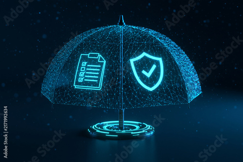 A glowing digital umbrella with security shield and document icons in a dark cyberspace. This concept visualizes data protection and cybersecurity for corporate presentations.