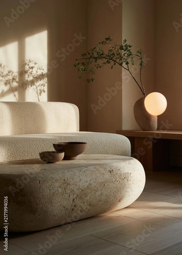 Modern living room with a beige sofa and a wooden coffee table in the center. the sofa is upholstered in a light-colored fabric and has a unique design with a curved shape.