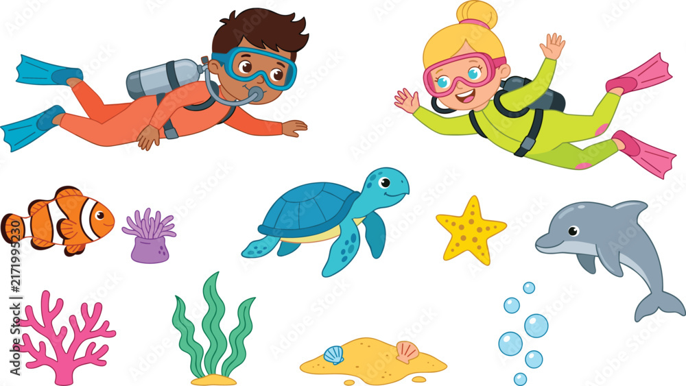 Naklejka premium Scuba Diving Underwater Vector Set with Kid Divers Sea Turtle Dolphin Clownfish Coral and Starfish