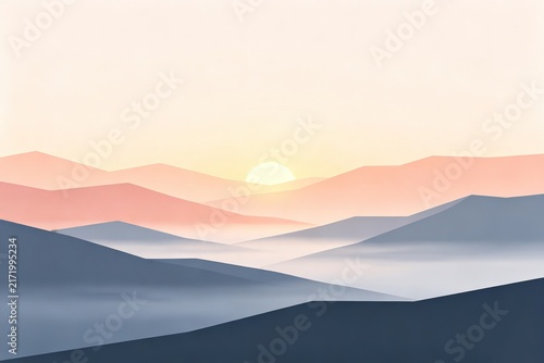 Minimalist Layered Mountain Sunrise Landscape, Peach and Blue Geometric Vector
