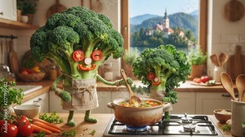 Fresh vegetables and herbs arranged on wooden table with kitchen background.
