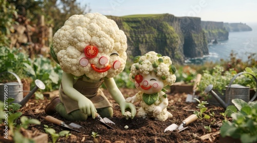Fresh strawberries and broccoli in garden soil.