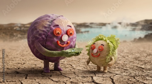 Purple and green succulents in desert landscape.