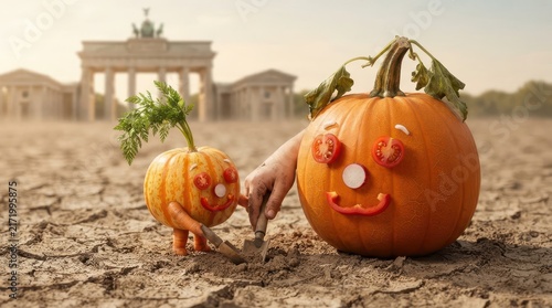 Pumpkin patch with autumn harvest pumpkins in rural setting.