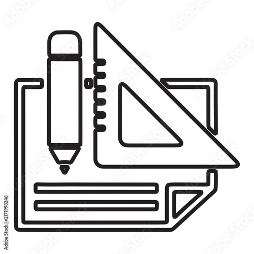 Vector outline icon of school education tools including pencil, ruler, and paper notes