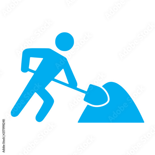 Blue construction worker digging shovel icon