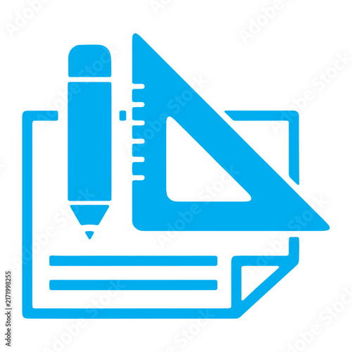 Blue Vector Icon Featuring a Pencil and Triangle Ruler on Document Sheet for Architectural Design and Drafting